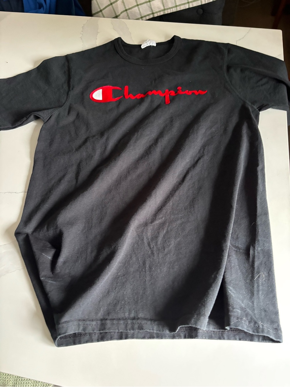 Vintage Champion Black Crewneck T-Shirt with Red velvet Logo Script